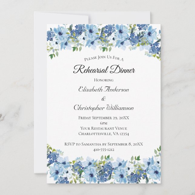 Invitation Boho bleu vert aquarelle Floral Rehearer Dîner (Devant)