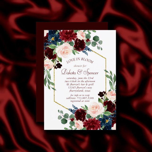 Invitation Boho Bloom | Elégante Bourgogne et douche bleu mar (Créateur téléchargé)