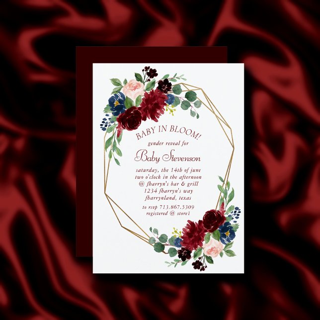 Invitation Boho Bloom | Elégante Bourgogne et douche bleu mar (Créateur téléchargé)
