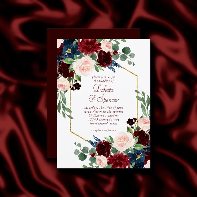 Invitation Boho Bloom | Elégante trame or florale Bourgogne (Créateur téléchargé)