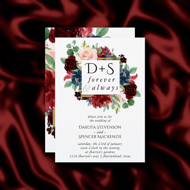 Invitation Boho Bloom | Monogramme photo bleu de la Bourgogne (Créateur téléchargé)