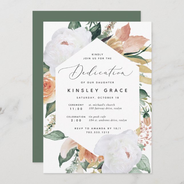 Invitation Boho Blooms | Dédication florale moderne pour bébé (Devant / Derrière)