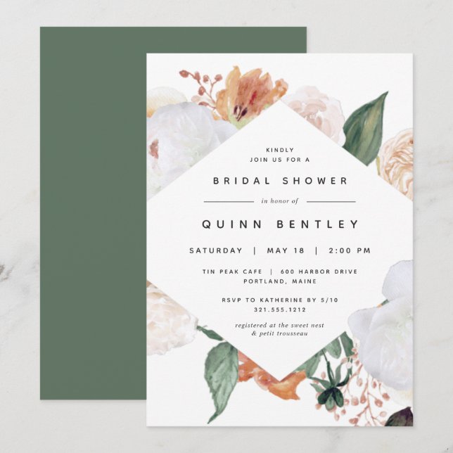 Invitation Boho Blooms | Élégante Fête des mariées florale (Devant / Derrière)