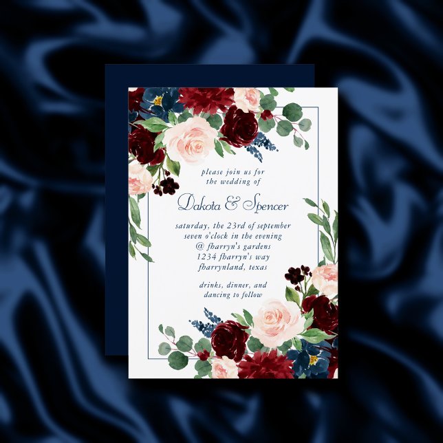 Invitation Boho Blooms | Russe Marine Bleue et Rouge Bourgogn (Créateur téléchargé)