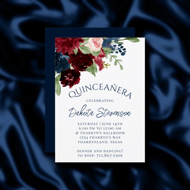 Invitation Boho Blooms | Russe Marine et Bourgogne Anniversai (Créateur téléchargé)