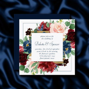 Invitation Boho Blooms   Russe Navy Blue et Burgundy Wreath