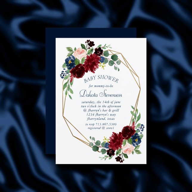 Invitation Boho Blooms | Rustic Navy Bleu et Bourgogne Douche (Créateur téléchargé)