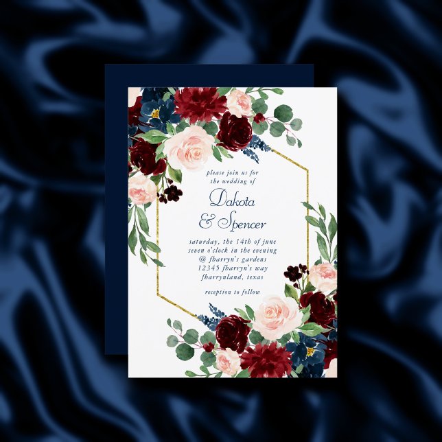 Invitation Boho Blooms | Rustic Navy et Bourgogne Red Frame (Créateur téléchargé)