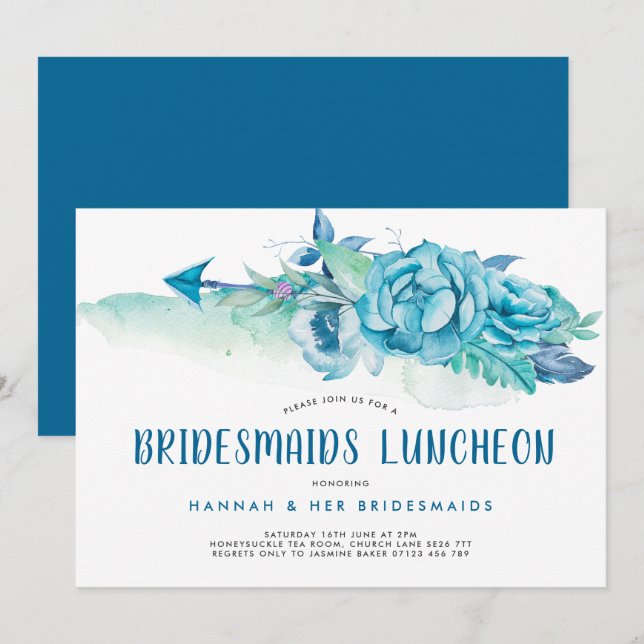 Invitation Boho Blue Aquarelle Floral Bridesservantes Déjeune (Devant / Derrière)