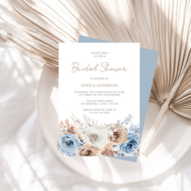 Invitation Boho Blue Dusty Bleu Bohème Fête des mariées Flora (Créateur téléchargé)
