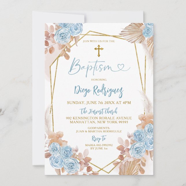 Invitation Boho Blue et Gold Floral Baptism (Devant)