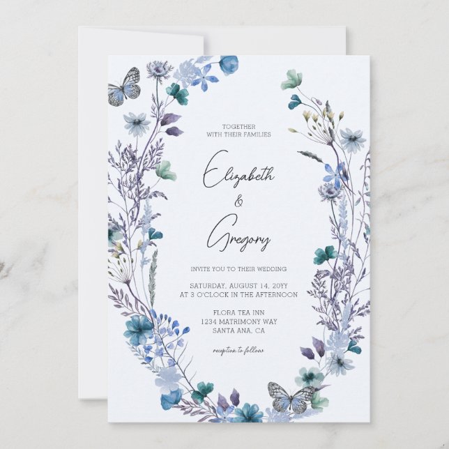 Invitation Boho Blue Fleur sauvage  Mariage papillon (Devant)