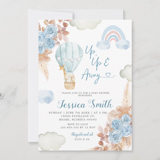 Invitation Boho Blue Floral Hot Air Baby shower (Devant)