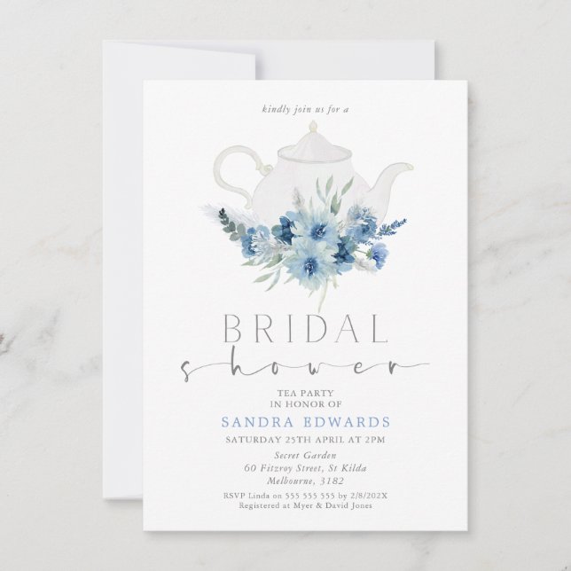 Invitation Boho Blue Floral Tea Party Fête des mariées (Devant)
