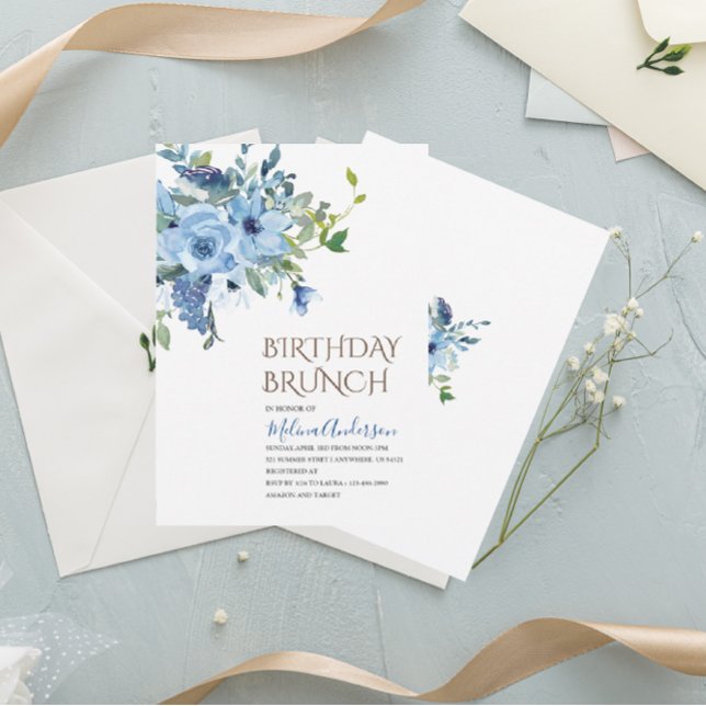 Invitation Boho Blue Flowers aquarelle brunch d'anniversaire (Créateur téléchargé)