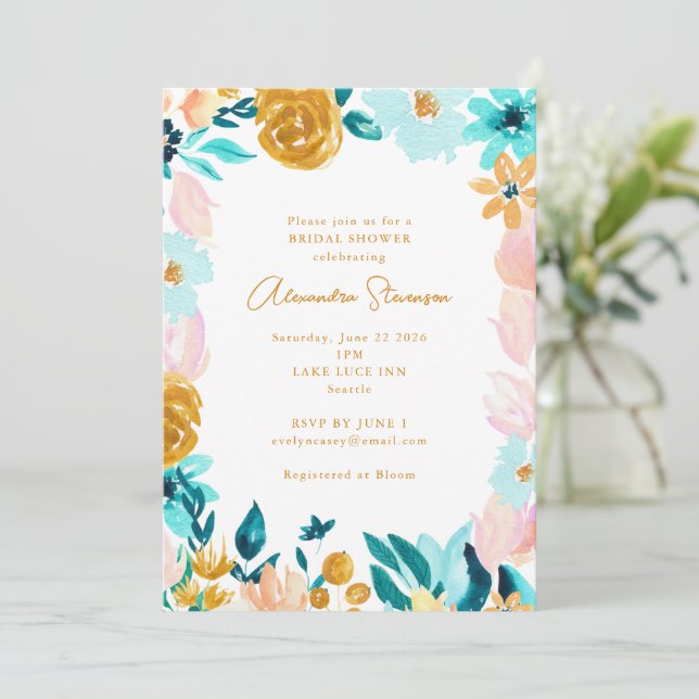 Invitation Boho Blue Gold Floral Frame Bordure Fête des marié (Debout devant)