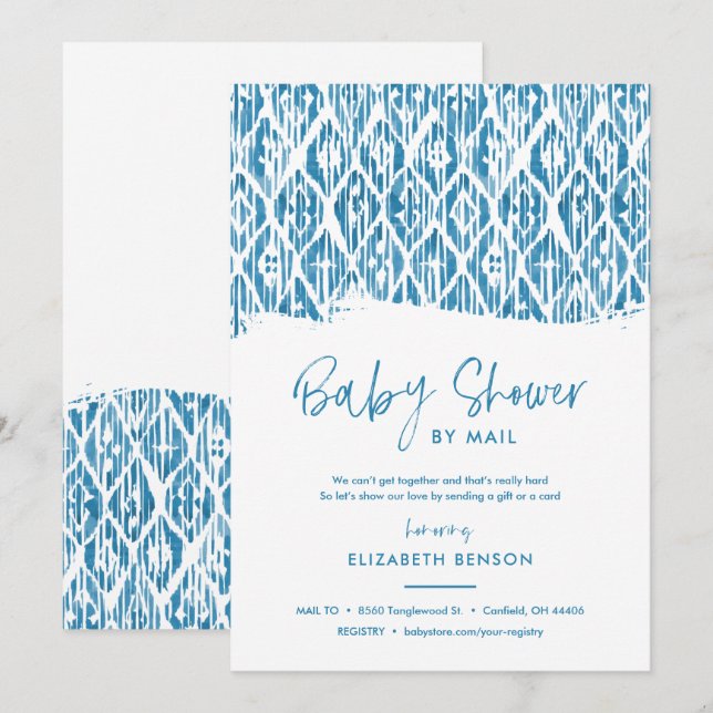Invitation Boho Blue Ikat Baby shower par courrier (Devant / Derrière)