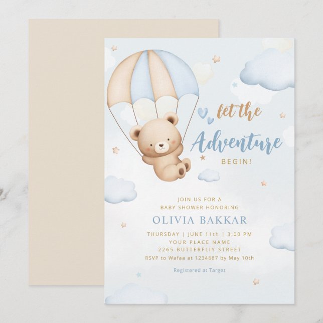 Invitation Boho Blue Laissez l'aventure commencer garçon baby (Devant / Derrière)