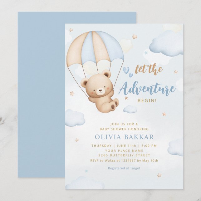 Invitation Boho Blue Laissez l'aventure commencer garçon baby (Devant / Derrière)