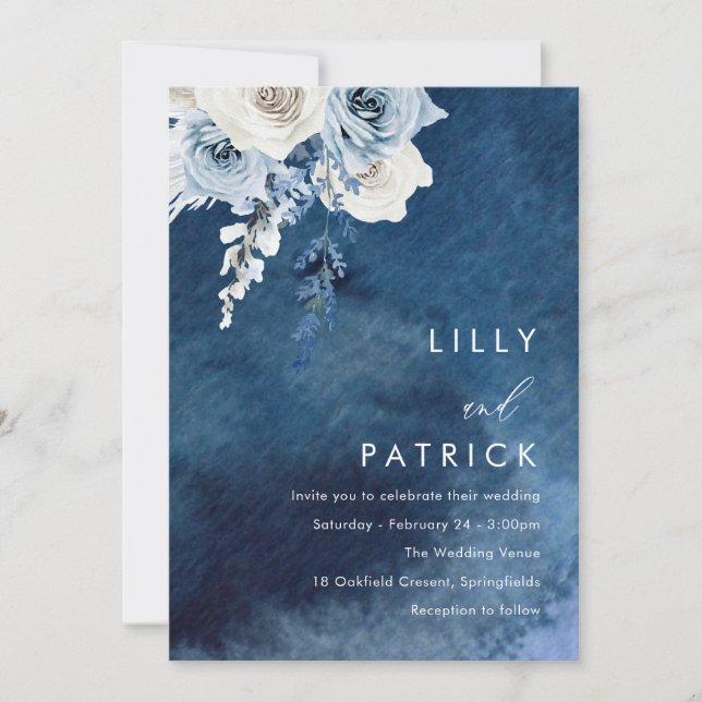 Invitation Boho Blue Navy Aquarelle Mariage (Devant)