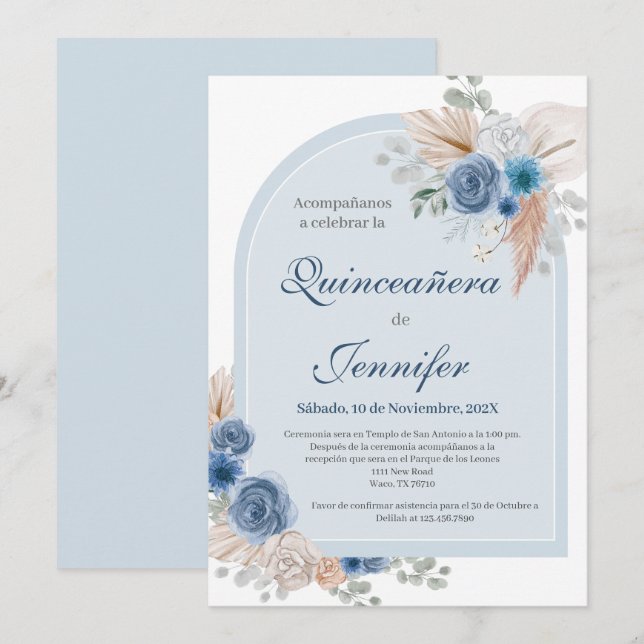 Invitation Boho Blue Quinceanera (Devant / Derrière)
