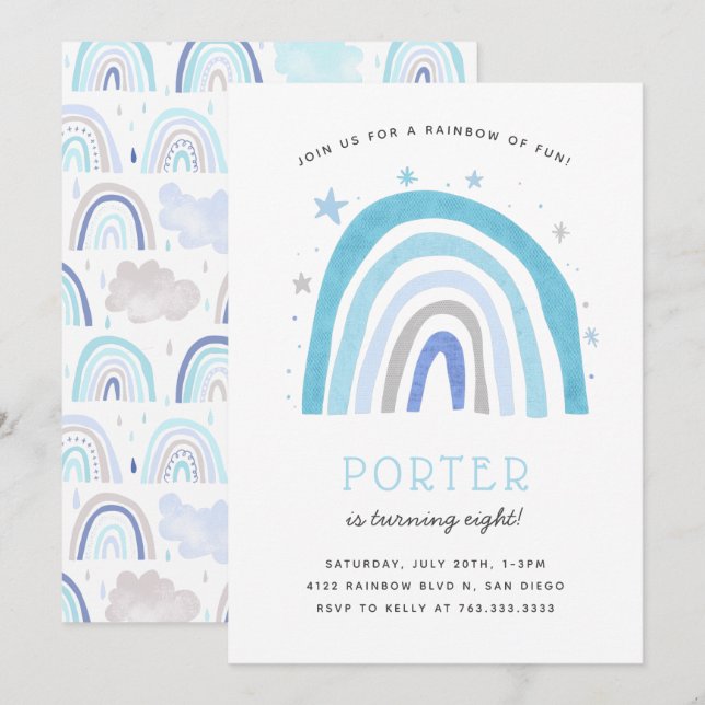Invitation Boho Blue Rainbow Anniversaire de enfant Party (Devant / Derrière)