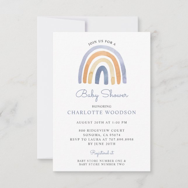 Invitation Boho Blue Watercolor Rainbow Baby shower (Devant)