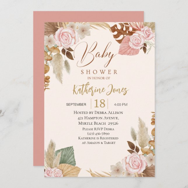 Invitation Boho Blush Baby shower à eucalyptus floral (Devant / Derrière)