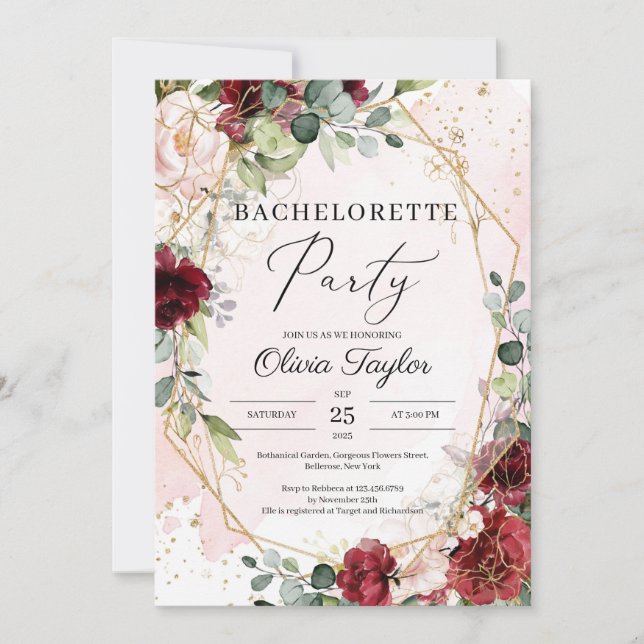 Invitation Boho blush bordeaux floral or bachelortie (Devant)