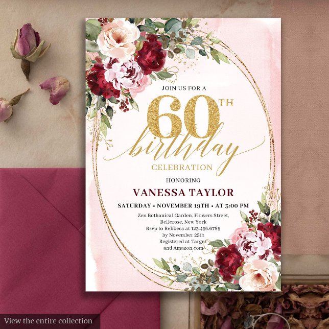 Invitation Boho Blush Burgundy Gold Roses 60th Birthday (Boho Blush Burgundy Gold Roses 60th Birthday)