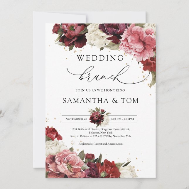 Invitation Boho Blush burgundy mauve peonies mariage brunch (Devant)