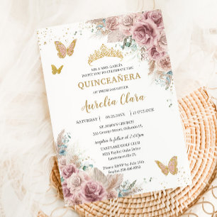Invitation Boho Blush Dusty Rose Floral Pampas Quinceañera