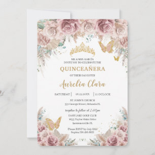 Invitation Boho Blush Dusty Rose Floral Pampas Quinceañera