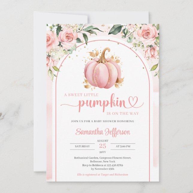 Invitation Boho blush et or un peu baby shower citrouille (Devant)
