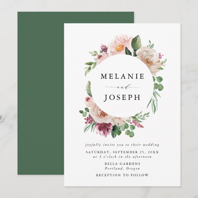 Invitation Boho Blush et rose Mariage floral (Devant / Derrière)