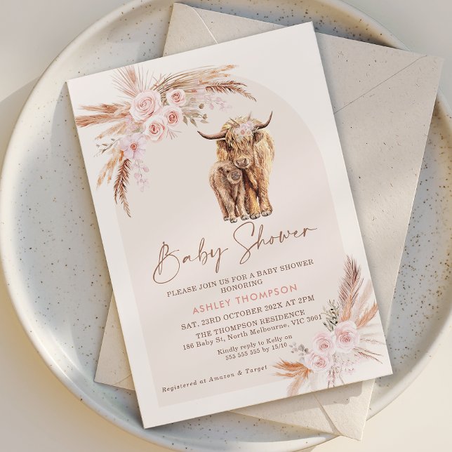 Invitation Boho Blush Floral Arch Saint-Vache Baby shower (Holy Cow Baby Shower Invitation Template Girl, Pink Highland Cow baby Shower Invitation, Boho Floral)