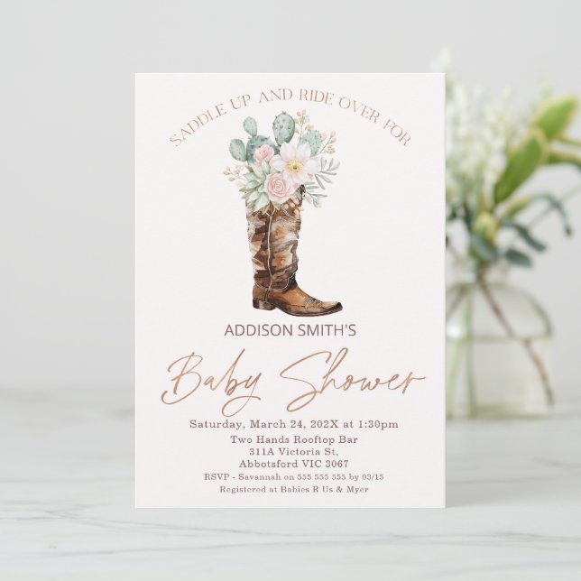 Invitation Boho Blush Floral Cactus Baby shower de démarrage (Debout devant)