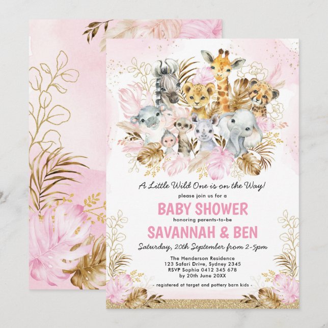Invitation Boho Blush Gold Safari Animaux Baby shower fille (Devant / Derrière)