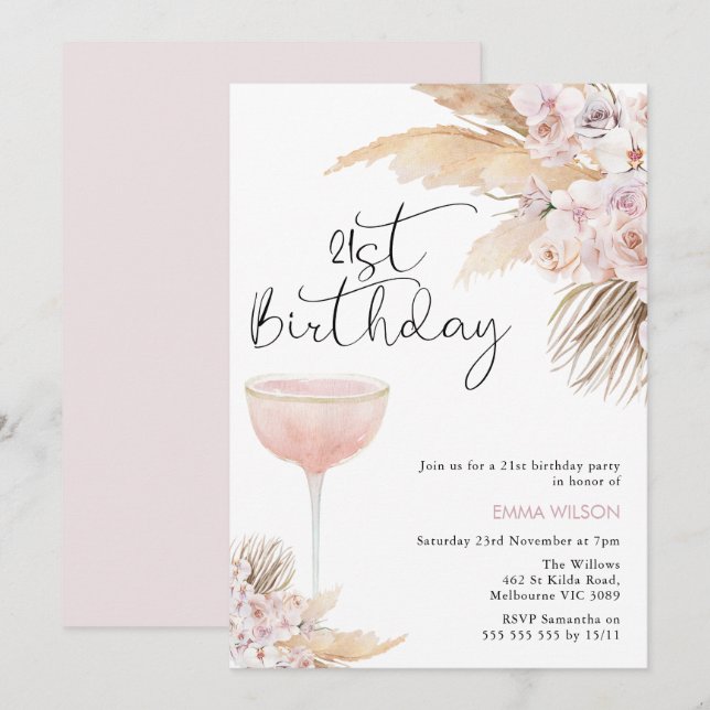 Invitation Boho Blush Mauve Floral Glass 21e anniversaire (Devant / Derrière)