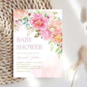 Invitation Boho Blush rose Aquarelle Floral Girl Baby shower