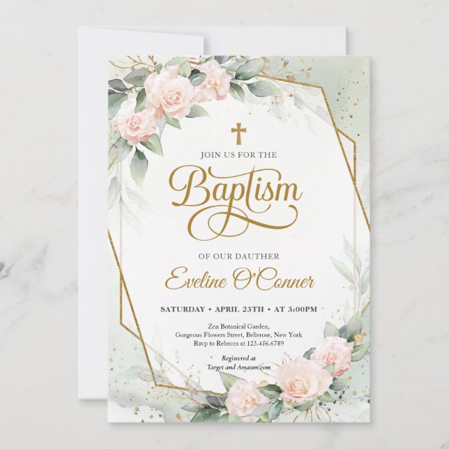 Invitation Boho blush rose eucalyptus cadre or Baptême (Devant)