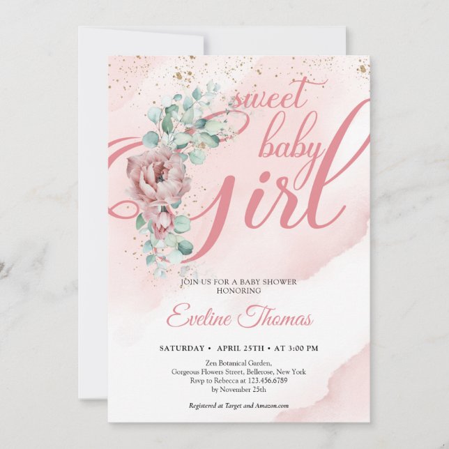 Invitation Boho blush rose eucalyptus or doux bébé fille (Devant)