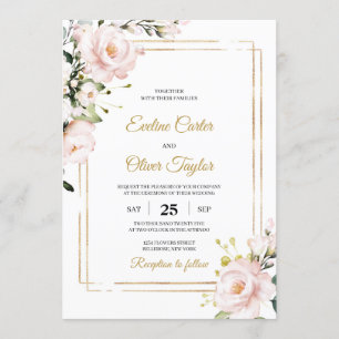 Invitation Boho Blush rose floral et or parties scintillant é