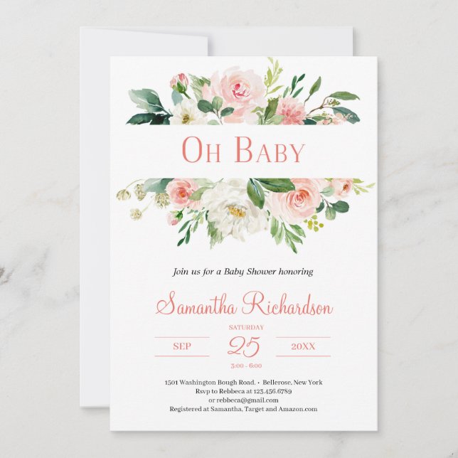 Invitation Boho Blush rose Floral et verdure Moderne bébé (Devant)