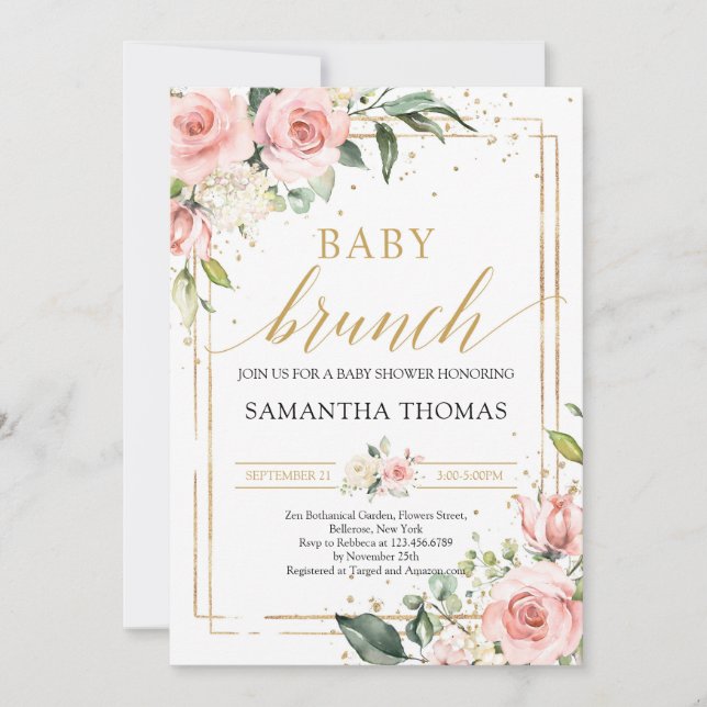 Invitation Boho blush rose floral or parties scintillant bébé (Devant)