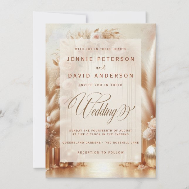 Invitation Boho Blush Rose Pampas Gold Arch Mariage (Devant)