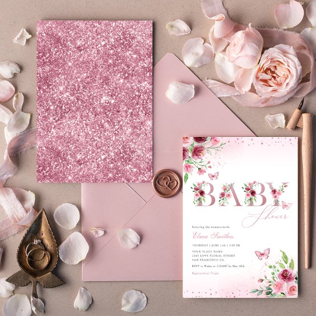 Invitation Boho Blush rose papillon floral Baby shower fille (Créateur téléchargé)