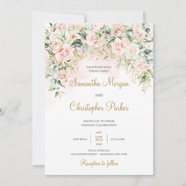 Invitation Boho Blush Roses Rose Fleurs Mariage romantique (Devant)
