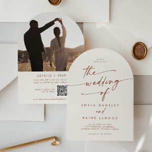 Invitation Boho Bohemian Cream Photo QR Code Arch Mariage