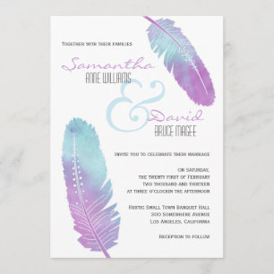 Invitation Boho Bohemian Feather Mariage Purple and Blue